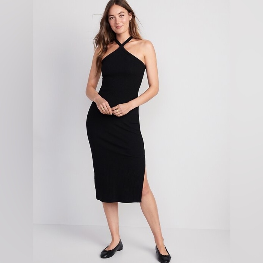 Old Navy Fitted Rib-Knit Halter Midi Dress in Black